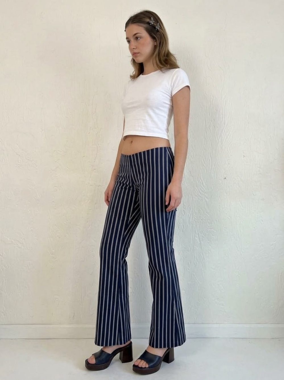 Vintage Y2K Low Rise Striped Flare Pants Size 10 Navy White Nautical Casual 2000
